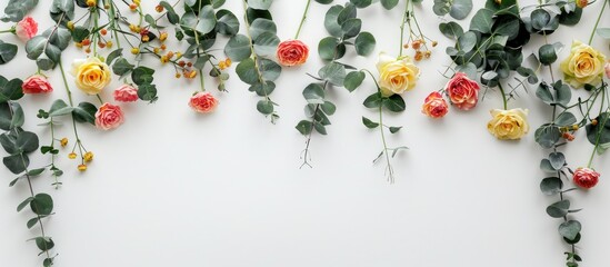 A floral arrangement featuring a circular design of yellow and pink flowers, intertwined with eucalyptus branches, set against a white backdrop.
