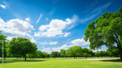 Landscape shot of a park with green tree branches in the foreground under the blue cloudy sky  © Muslim