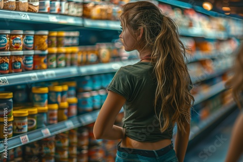 A customer is perusing the shelves in a grocery store, examining bottles and jars, likely deciding on a delicious drink or condiment to purchase