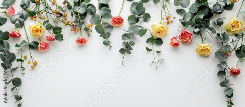 A floral arrangement featuring a circular design of yellow and pink flowers, intertwined with eucalyptus branches, set against a white backdrop. © Vusal
