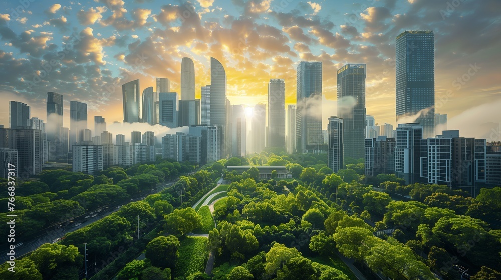 Urban Evolution cityscape with futuristic architecture and green spaces, symbolizing the growth and evolution of urban environments. - obrazy, fototapety, plakaty 