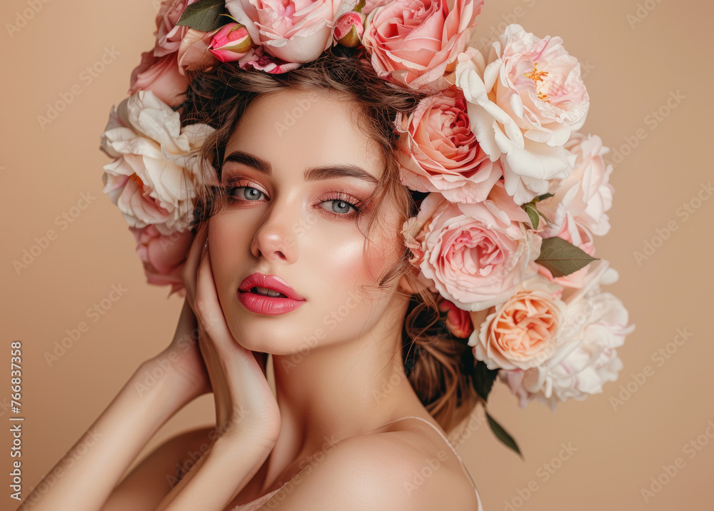 beautiful woman with flowers in her hair, pink lipstick, beautiful makeup, holding roses and peonies