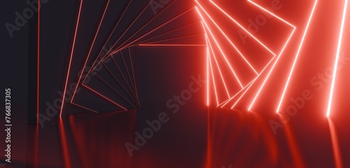 Fototapeta Naklejka Na Ścianę i Meble -  Abstract geometric pattern of glowing red neon squares in dark background 3d rendering