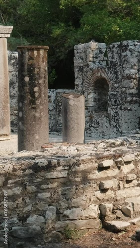 Ruins of Great Basilica in Butrint National Park, Buthrotum, Albania. Triconch Palace at Butrint Life and death of an ancient Roman house Historical medieval Venetian Tower surrounded. Butrint photo