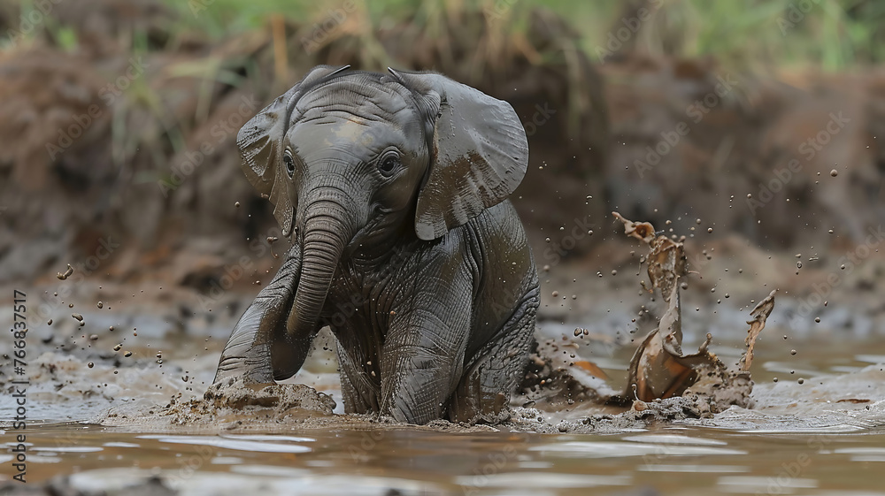 Fototapeta premium Humor. A funny clumsy little elephant.