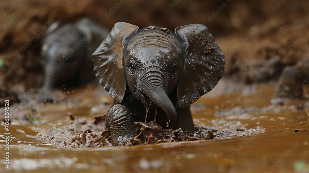 Humor. A funny clumsy little elephant. 