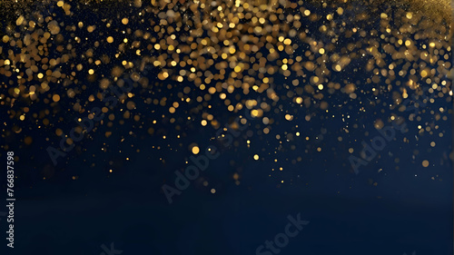 Abstract background with Dark blue and gold particle. Christmas Golden light shine particles bokeh on navy blue background. Gold foil texture. Holiday concept