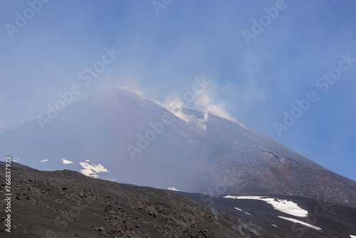 Volcano Mount Etna with smoking peak of main crater, Sicily, Italy