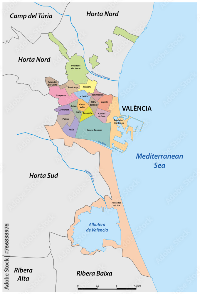 Administrative vector map of the Spanish city of Valencia