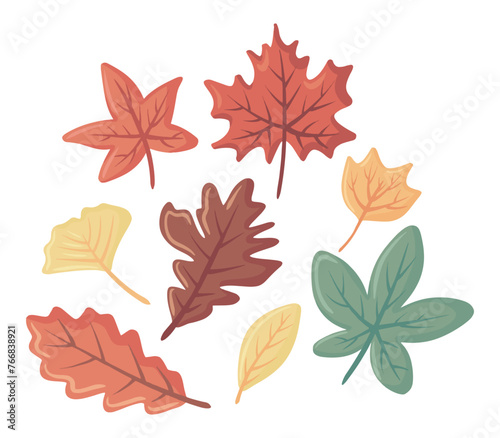 Autumn Leaf Downfall Elements Set Flat Doodle