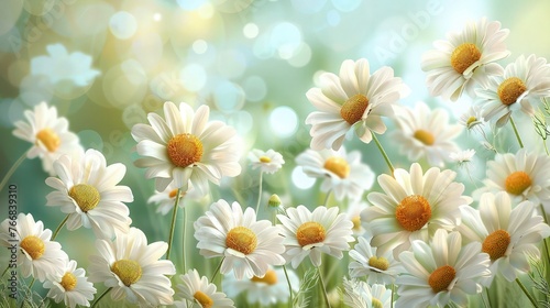 A charming garden scene adorned with a carpet of white daisies, their cheerful blooms swaying gently in the breeze. 