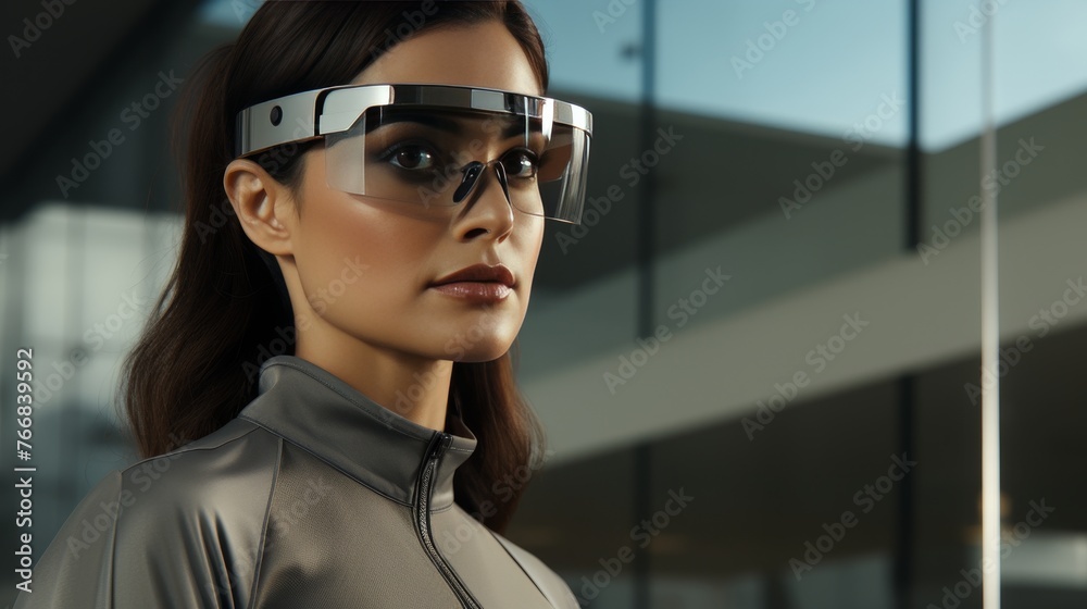 Closeup of woman experiencing augmented reality with ar glasses and mixed reality headset Closeup of woman experiencing augmented reality with ar glasses and mixed reality headset