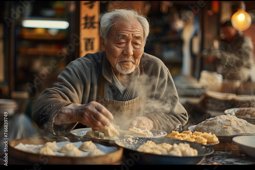 portrait of old Chinese man steamed dumpling in the morning