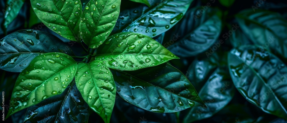 Obraz premium Green leaf detail with water drops