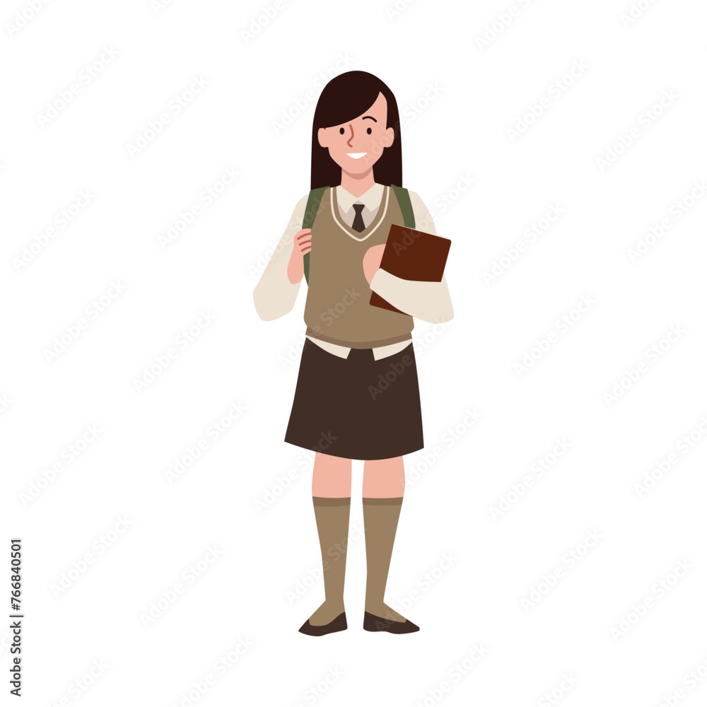 High school girl with book and backpack, vector cartoon teenager wearing school uniform, cute happy college student High school girl with book and backpack, vector cartoon teenager wearing school uniform, cute happy college student