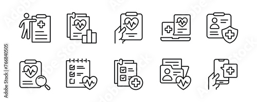 medical record health diagnosis report icon set hospital medical check-up analysis information clipboard vector line illustration photo