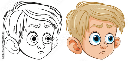 Two illustrations of a boy's face, one colored, one line art.