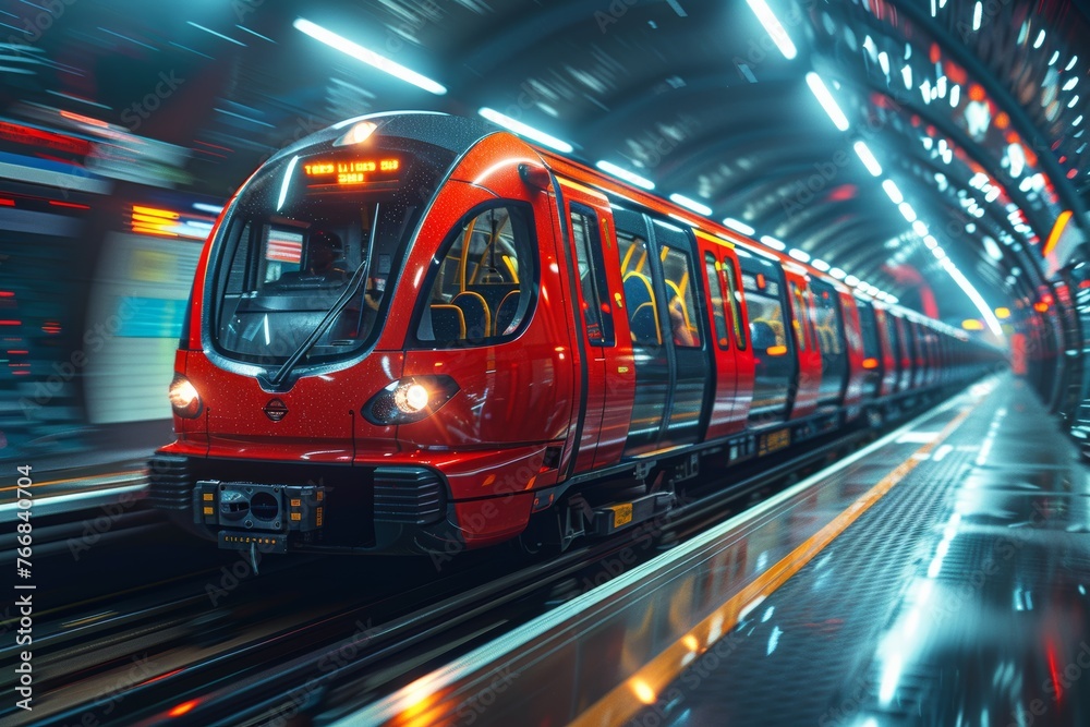 Red tube train in motion, captured perspective of someone standing on one side as it passes. Background is blur with streaks and lines representing speed and movement. - obrazy, fototapety, plakaty 
