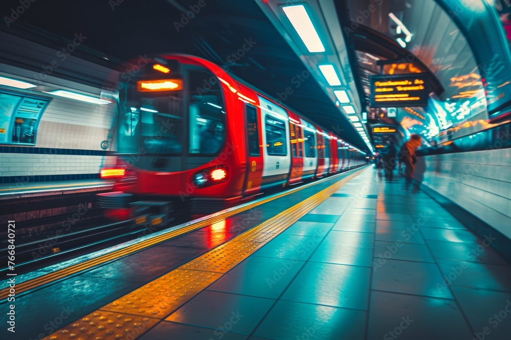 Red tube train in motion, captured perspective of someone standing on one side as it passes. Background is blur with streaks and lines representing speed and movement. Red tube train in motion, captured perspective of someone standing on one side as it passes. Background is blur with streaks and lines representing speed and movement.