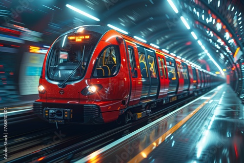 Red tube train in motion, captured perspective of someone standing on one side as it passes. Background is blur with streaks and lines representing speed and movement. photo