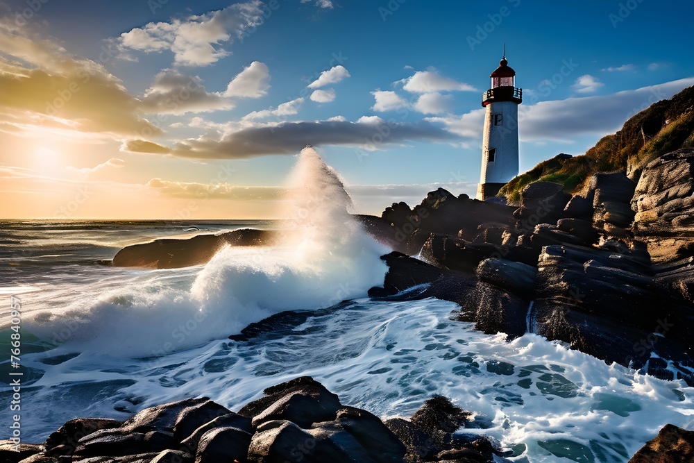 lighthouse in stormy sea with waves crashing at cliff