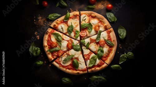 Pizza Margherita fine avec garniture fraîche, vue aérienne sur fond sombre