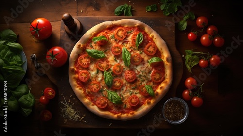 Pizza Margherita garnie sur planche en bois, vue du dessus 