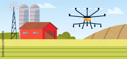 Vector agricultural technology scene with drone. Flat illustration.