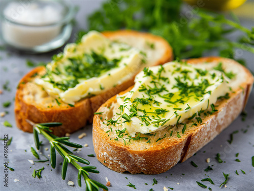 Obraz na płótnie Toast with butter and herbs. w salonie