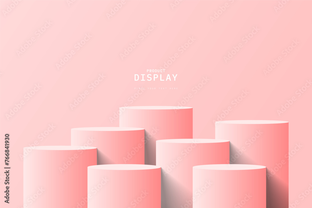 Empty pink room with set of seven steps 3D cylinder podium pedestal or product display stand. 3D vector geometric platform design. Minimal wall scene for mockup. stage for product presentation. - obrazy, fototapety, plakaty 