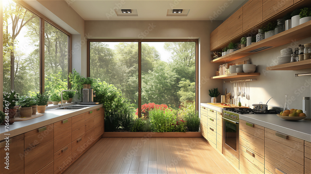 Kitchen with large windows, garden in the background.