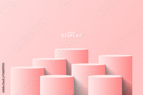 Empty pink room with set of seven steps 3D cylinder podium pedestal or product display stand. 3D vector geometric platform design. Minimal wall scene for mockup. stage for product presentation. photo