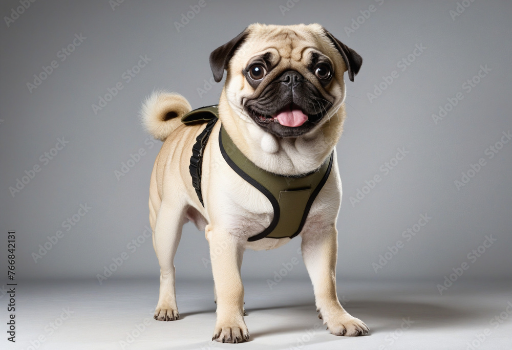 Healthy Dog pug breed purebred wearing military uniform colorful background