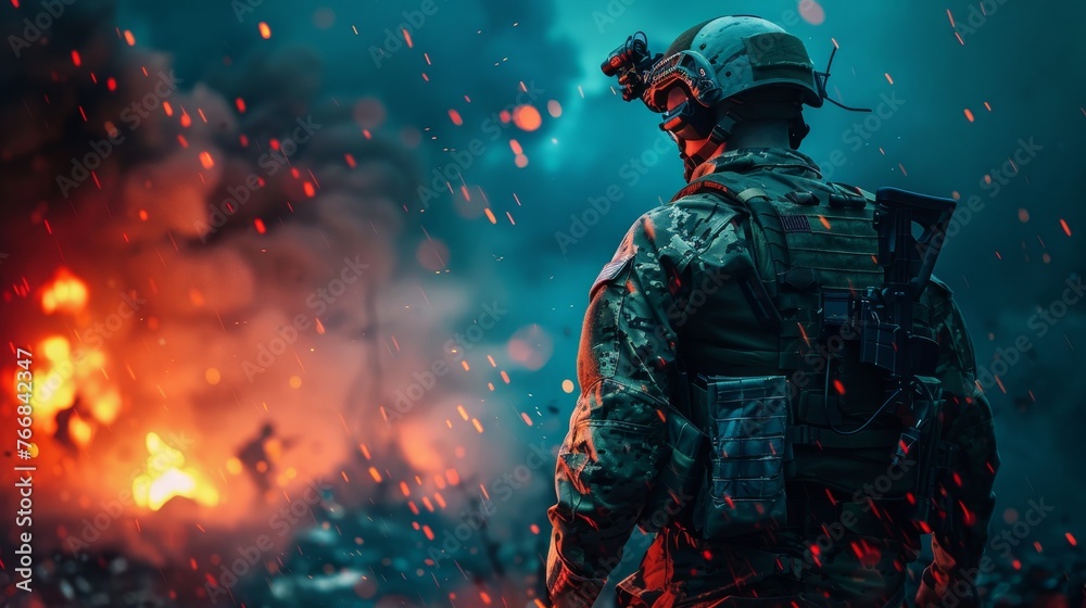 Modern War : Soldier with tactical military HUD and battlefield scenarios Modern War : Soldier with tactical military HUD and battlefield scenarios