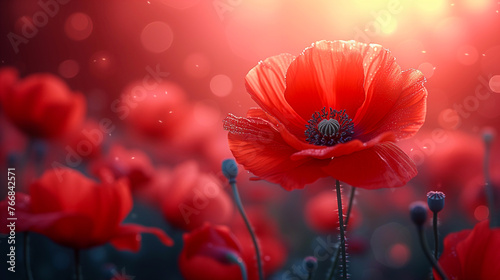 Red poppy flowers in the field at sunset. 
