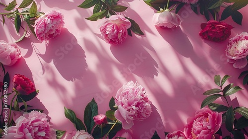 Fototapeta Naklejka Na Ścianę i Meble -  floral arrangement of peonies and roses on a pink background with copy space perfect for creating romantic feminine compositions wedding invitations and international women day celebrations