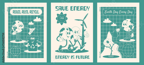 Set of Earth Day posters in cartoon trendy retro groovy style. Planet Earth, trash bin, flower, energy source mascot characters. Ecology concept. Monochrome color vector illustration.