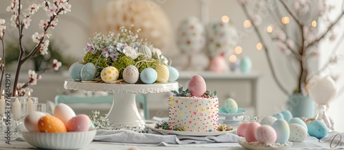 Easter-themed table decor with painted eggs, willow, and cake photo