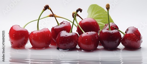 A cluster of cherries arranged elegantly on a pristine white surface, showcasing the vibrant colors of this delicious fruit from a flowering plant