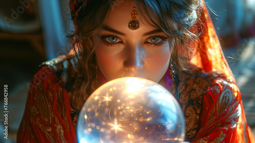 A splendid fortune teller woman is gazing into the future using a mystical crystal ball photo