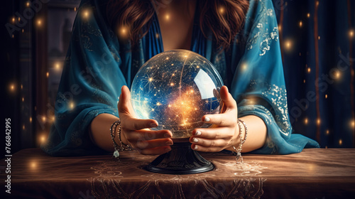 A splendid fortune teller woman is gazing into the future using a mystical crystal ball