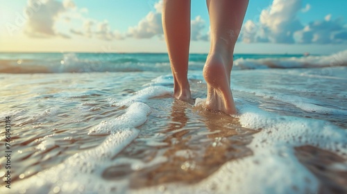 A woman's feet are in the ocean water, with foam bubbles coming up from the water. Concept of relaxation and leisure, as the woman is enjoying her time at the beach