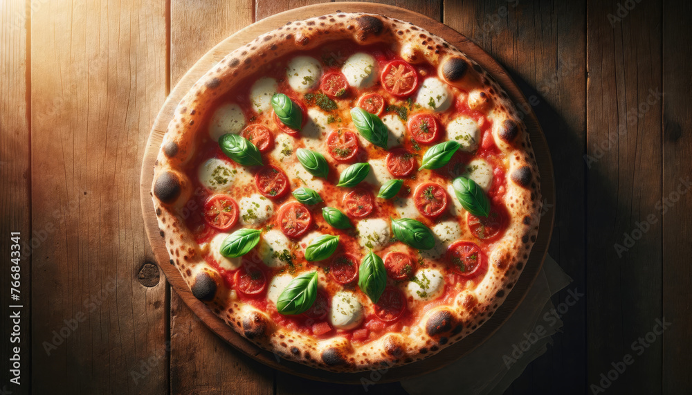 Pizza Margherita artisanale et traditionnelle, vue aérienne
