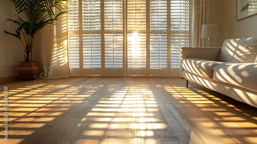Elegant Morning Light Filters Through Slatted Window Blinds Casting Soft Shadows on a Warm Wooden Floor in a Cozy Scandinavian-Inspired Living Space