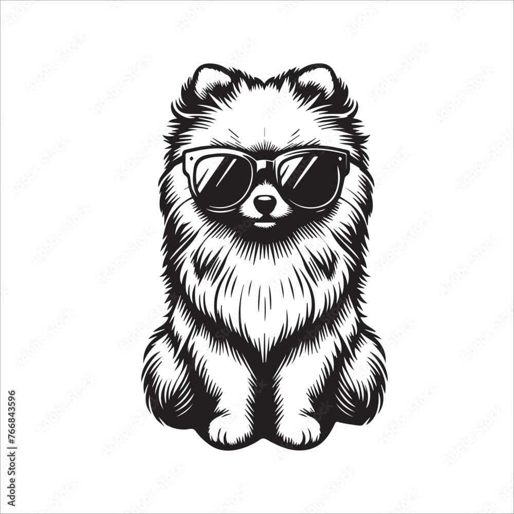 Obraz premium Pomeranian dog sitting wearing sunglasses Vector illustration in black and white 