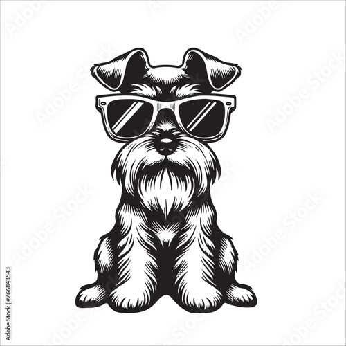 Miniature Schnauzer dog sitting wearing sunglasses Vector illustration in black and white 
