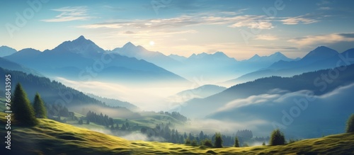 A breathtaking natural landscape painting capturing a mountain range shrouded in fog and clouds, with a dusky sky and afterglow in the background