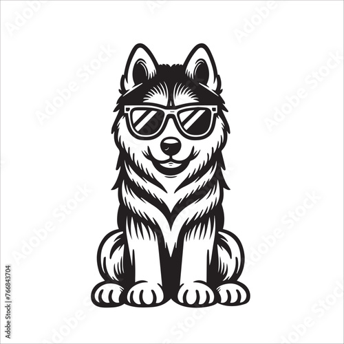 Siberian Husky dog sitting wearing sunglasses Vector illustration in black and white 

