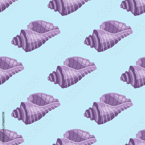 Sea shells vector seamless pattern, mollusks. Flat illustration of seashell.
