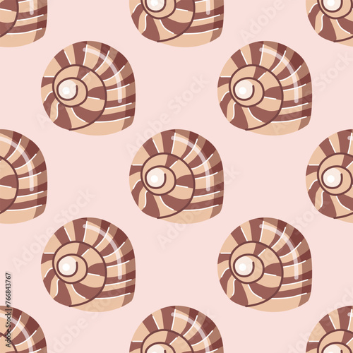 Sea shells vector seamless pattern, mollusks. Flat illustration of seashell.